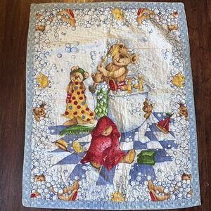 Vintage Teddy Bear Bath Time Theme Quilt Crib Blanket Reversible 32"x40"